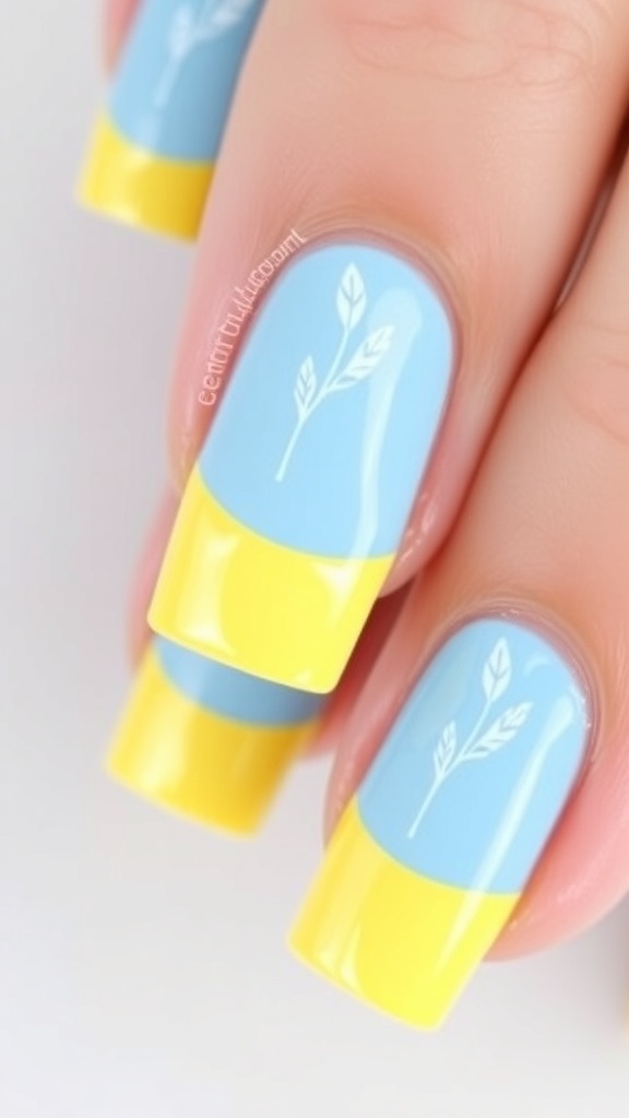 Duck-inspired French tip nails with pastel blue and yellow colors, featuring white accents.